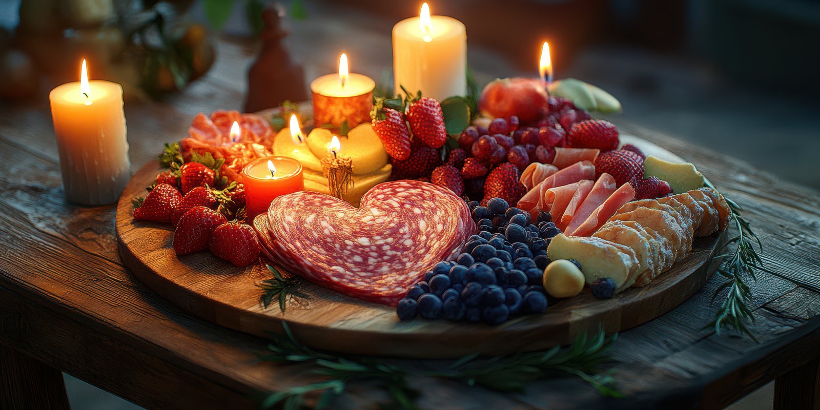 Gourmet platter of fruits and cured meats arranged with candles in a cozy rustic setting during evening gathering